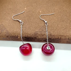 Handmade Cherry Tassel Earrings – Stainless Steel Long Chain Hooks